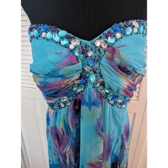 Deb Vtg 90s Y2K Dress Womens 24 Strapless Embellished High-lo Blue Peacock Maxi - Picture 2 of 16